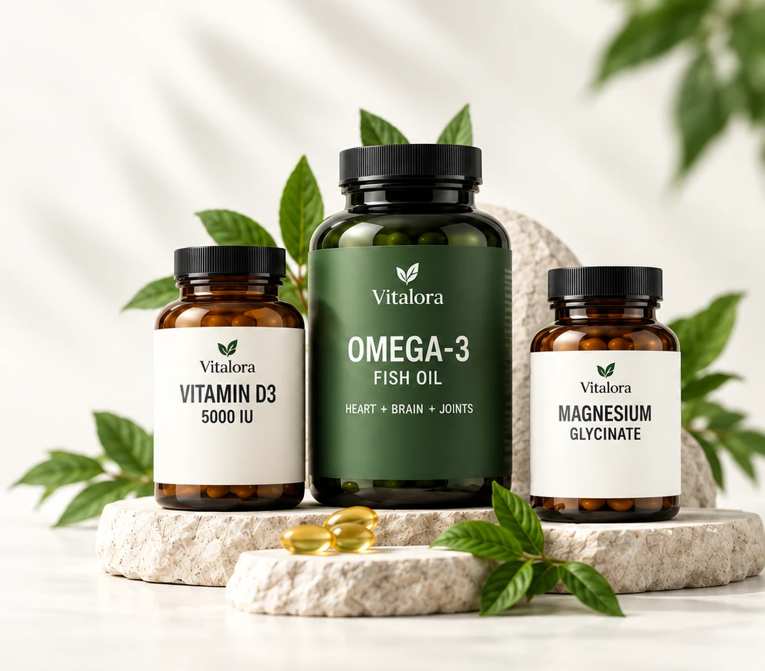 Frascos Vitalora de Vitamina D3, Ômega-3 e Magnésio Glicinato sobre pedestais de pedra
